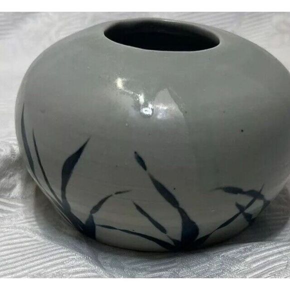 Pottery Vase Round Gray Blue Grass Narrow Opening Studio 3.25”H Signed BP - Picture 5 of 8